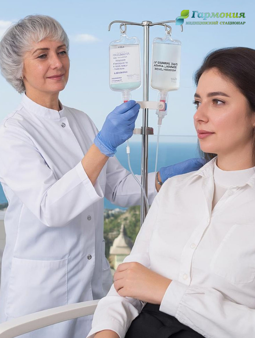 Врач и пациент с капельницей на фоне берега Витебска