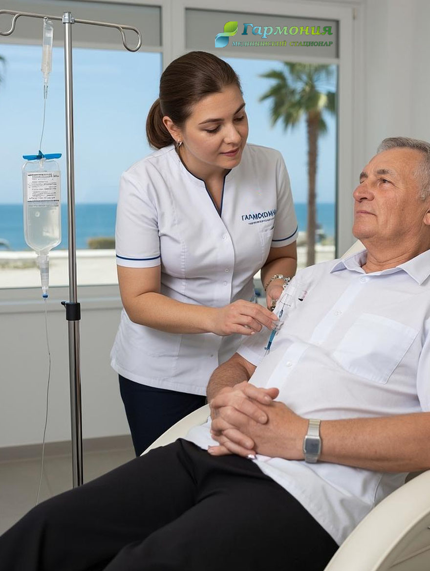 Врач и пациент с капельницей на фоне берега Витебска