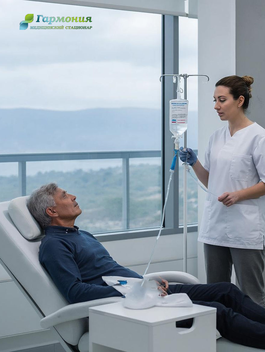 Врач и пациент с капельницей на фоне берега Витебска